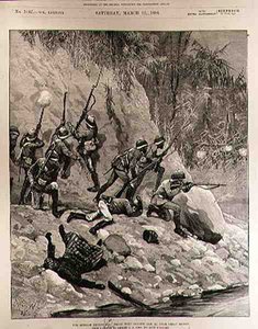 The Burmah Expedition: Fight with Dacoits, 12 januari, nära Shoay Green, från The Illustrated London News, 13 mars 1886 av Richard Caton II Woodville
