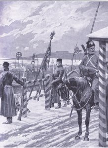 En kosackstation i Manchuriet med stamskyltar över männens hyddor, illustration från Cassells History of the Russian-Japanese War Vol 1, c.1900 av Richard Caton Woodville