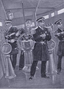 Amiral Togo i Conning Tower på sitt flaggskepp, regisserar en sjöaktion, illustration från Cassells History of the Russian-Japanese War Vol 1, c.1900 av Richard Caton Woodville