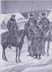 Gripande av japanska spioner upptäckta som kulier, illustration från Cassells History of the Russian-Japanese War Vol 1, c.1900 av Richard Caton Woodville