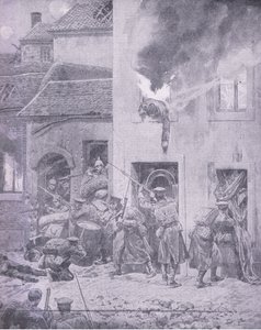Fattar med fienden: Hus till hus-strider i Ypres, från History of the Great War Vol 3 publicerad av Waverley Book Co Limited, ca 1920 av Richard Caton Woodville