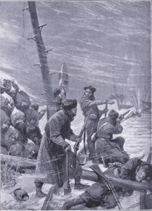 Attack on the railway av Chunchuses, illustration från Cassells History of the Russian-Japanese War Vol 1, c.1900 av Richard Caton Woodville