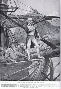 Kapten Cook närmar sig Nya Zeeland, illustration från 