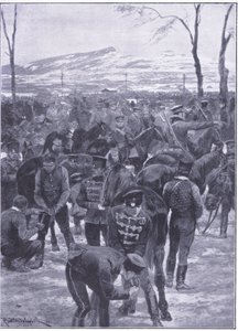 Japanskt kavalleriläger i Seoul: Hovslagare på jobbet, illustration från Cassells History of the Russian-Japanese War Vol 1, c.1900 av Richard Caton Woodville