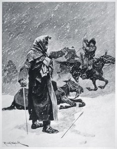 Turkisk-basjkiriska kosackbågskyttar förföljde och förföljde Napoleons armés reträtt från Ryssland 1812 (färg litho)