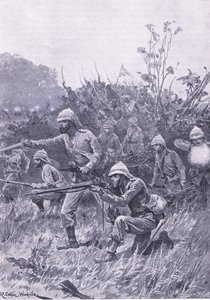 De brittiska styrkornas frammarsch i Ashanti-kampanjen 1873, illustration från brittiska striderna på land och hav, 1915 av Richard Caton Woodville junior