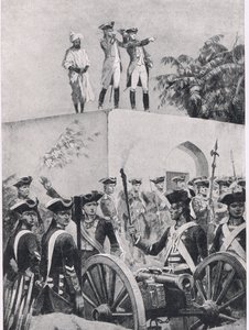 Slaget vid Plassey, 23 juni 1757: Clive på taket av Nawab Surat-ud-Daulahs jaktstuga, illustration från British Battles on Land and Sea, 1915
