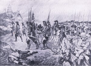 Blenheim, 13 augusti 1704: Storming av byn, illustration från brittiska striderna på land och hav, 1915 av Richard Caton Woodville junior