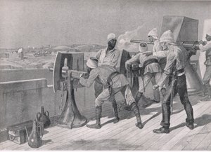På väg uppför Nilen: Firing at the Dervishes, illustration från British Battles on Land and Sea, 1915 av Richard Caton Woodville junior