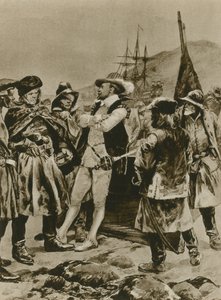 Sir Humphrey Gilbert gör anspråk på Newfoundland för England (gravyr) av Richard Caton Woodville junior