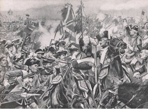 Slaget vid Minden, 1 augusti 1759, illustration från brittiska Battles on Land and Sea, 1915 av Richard Caton Woodville junior