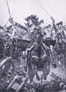 Hertigen av Marlborough vid slaget vid Oudenarde, 11 juli 1708, illustration från brittiska striderna på land och hav, 1915 av Richard Caton Woodville junior