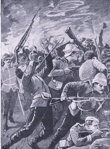 Försvaret av Rorkes Drift, illustration från British Battles on Land and Sea, 1915 av Richard Caton Woodville junior