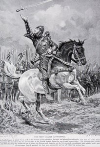 Den första attacken vid Hastings: Taillefer, minstrel svärd-jonglörn red från leden och sjöng och kastade sitt svärd i luften, 1066, illustration från 