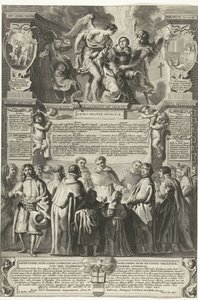 Instelling van de broederschap Militia Angelica av Thomas av Aquino, 1649 Ursprunget till den änglaliga milisen, den gudomlige Thomas av Aquino; under hans himmelska kyskhetsbälte, instiftad (titel på objekt) av Richard Collin