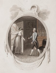 Miss Darnford förmedlar till Mr B nyheten om födelsen av en son, Lett. 18, illustration till en 1802 års upplaga av 