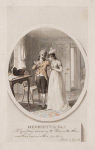 Mr Courtney visar Henrietta sin mors miniatyrbild, bok 5 kapitel 4, illustration till en 1798 års upplaga av "Henrietta" av Charlotte Lennox, ca 1798 (penna och wc på papper)