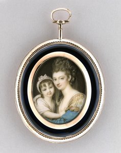 Porträtt av en mor och dotter, ca 1765-70 (akvarell på elfenben, 9 k roséguld, hår och glas) av Richard Cosway