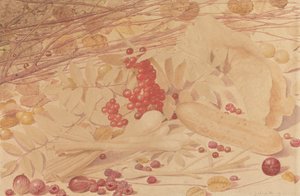 Stilleben med krusbär, hallon, röda vinbär, vårlök, en gurka och lövverk av Richard Dadd