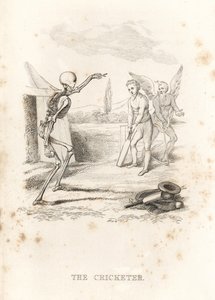 Dödens skelett kastar en boll mot en cricketspelare vid slagträ., 1827 (gravyr)