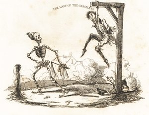 Vinjett av ett skelett och en man som hänger från en gibbet., 1827 (gravyr)
