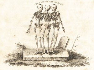 Vinjett av tre skelett på en gravsten., 1827 (gravyr)