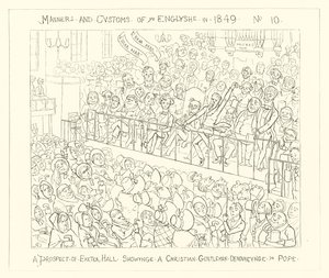 1849, En prospekt av Exeter Hall som visar en kristen gentleman som fördömer påven av Richard Doyle