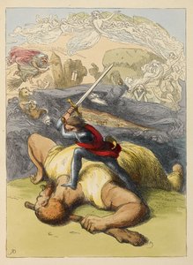 Jack står på kroppen av en jätte, med sitt svärd upphöjt. Färgillustration i en barnbok. av Richard Doyle