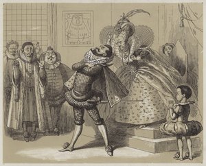 Slående scen mellan drottning Elizabeth och hennes favorit Essex (akvatint)
