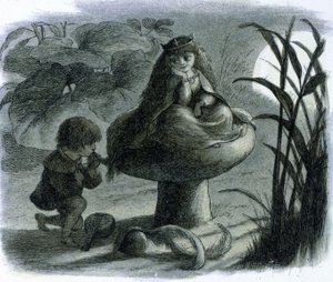 En vattenälva som sitter på en svamp uppvaktas av en älskare. I ""World of Fairies"" av Richard Doyle av Richard Doyle