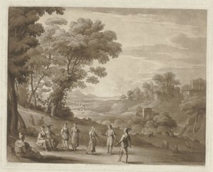 Landskap med dansande figurer Tryck efter teckningar av Claude Lorrain (serietitel) Liber Veritatis (serietitel) av Richard Earlom