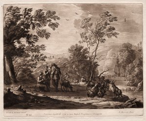 Liber Veritatis: No. 25, A Mountainous and Wooded Landscape with Shepherds Playing and Gets Browsing av Richard Earlom
