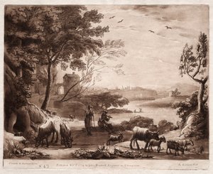 Liber Veritatis: nr 42, A River Landscape with a Shepherd and Shepherdess..., 1774. av Richard Earlom