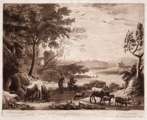 Liber Veritatis: Nr 42, A River Landscape with a Shepherd and Shepherdess and a Herd of Cattle av Richard Earlom