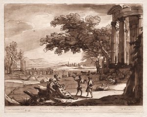 Liber Veritatis: Nr 55, A Landscape with a Temple and a Nymph and Satyr Dancing av Richard Earlom