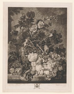 Stilleben av frukt och blommor