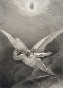 Satan hoppar över himlens väggar, från en fransk utgåva av "Paradise Lost" av John Milton (1608-74), graverad av Nyon, publicerad 1868. av Richard Edmond Flatters
