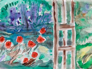 Röda blommor på våren, 2021 (akvarell på papper) av Richard Fox