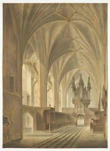 The Choir of Bristol Cathedral, Looking West (handfärgad akvatint) av Richard G. Reeve