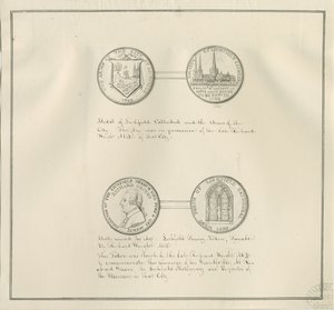 Lichfield - Medals of Lichfield Cathedral and the City Arms, och ett porträtt av Richard Greene: pennteckning, nd [tidigt 1800-tal] (teckning)