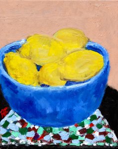 Stilleben med citroner i en blå skål, 2021 (olja på duk)