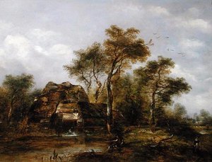 Overshot Mill with Man Fishing (olja på duk)