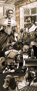 En 1600-talspojke knäböjer framför sin far i botgöring (gouache på papper) av Richard Hook