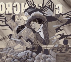 Suffragetter krossar fönster (gouache på papper)
