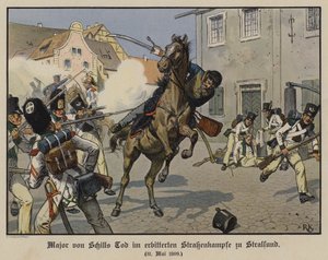 Major von Schills död i en gatustrid i Stralsund, 31 maj 1809 (färg litho)