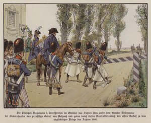 Franska trupper under general Kellermanns befäl korsar gränsen till preussiskt territorium vid Sickershausen, oktober 1805 (färg litho)