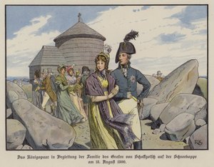 Kung Fredrik Vilhelm III och drottning Louise av Preussen i sällskap med greve von Schaffgotschs familj på Schneekoppe, augusti 1800 (färg litho)