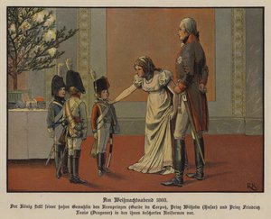 Kung Fredrik William III och drottning Louise av Preussen med kronprins Fredrik William, prins William och prins Fredrik Louis klädda i militäruniformer, julafton