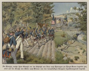 Preussiska soldater hälsar drottning Louise av Preussen när hon passerar dem på vägen från Kosen till Weimar (färg litho)