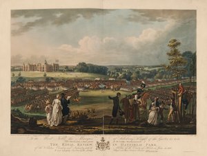 Royal Review i Hatfield Park av frivilligt kavalleri och infanteri, med milisen i County of Herts, den 13 juni 1800, graverad av Joseph C. Stadler (fl.1780-1812)